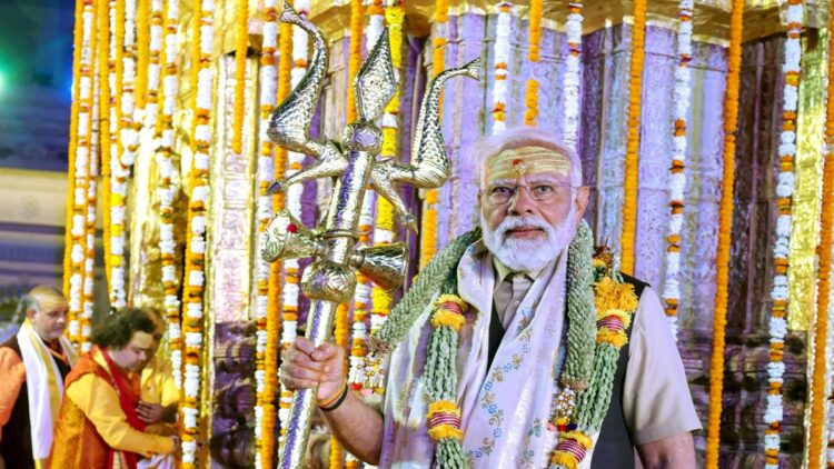 **EDS: IMAGE VIA PMO** Varanasi: Prime Minister Narendra Modi visits the Kashi Vishwanath temple, in Varanasi, Saturday, March 9, 2024. (PTI Photo) (PTI03_09_2024_000506B)