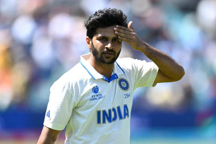 LONDON, ENGLAND - JUNE 09: Shardul Thakur of India during day three of the ICC World Test Championship Final between Australia and India at The Oval on June 09, 2023 in London, England. (Photo by Gareth Copley-ICC/ICC via Getty Images)